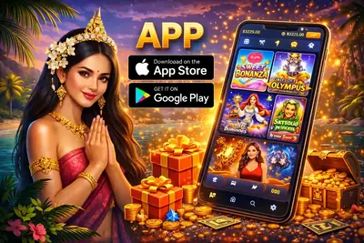 Beautiful lady in traditional dress promoting the mobile casino app for Android and iOS