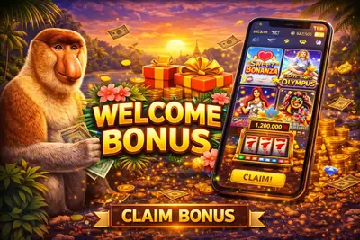 Proboscis monkey holding cash with welcome bonus text for Malaysian online casino
